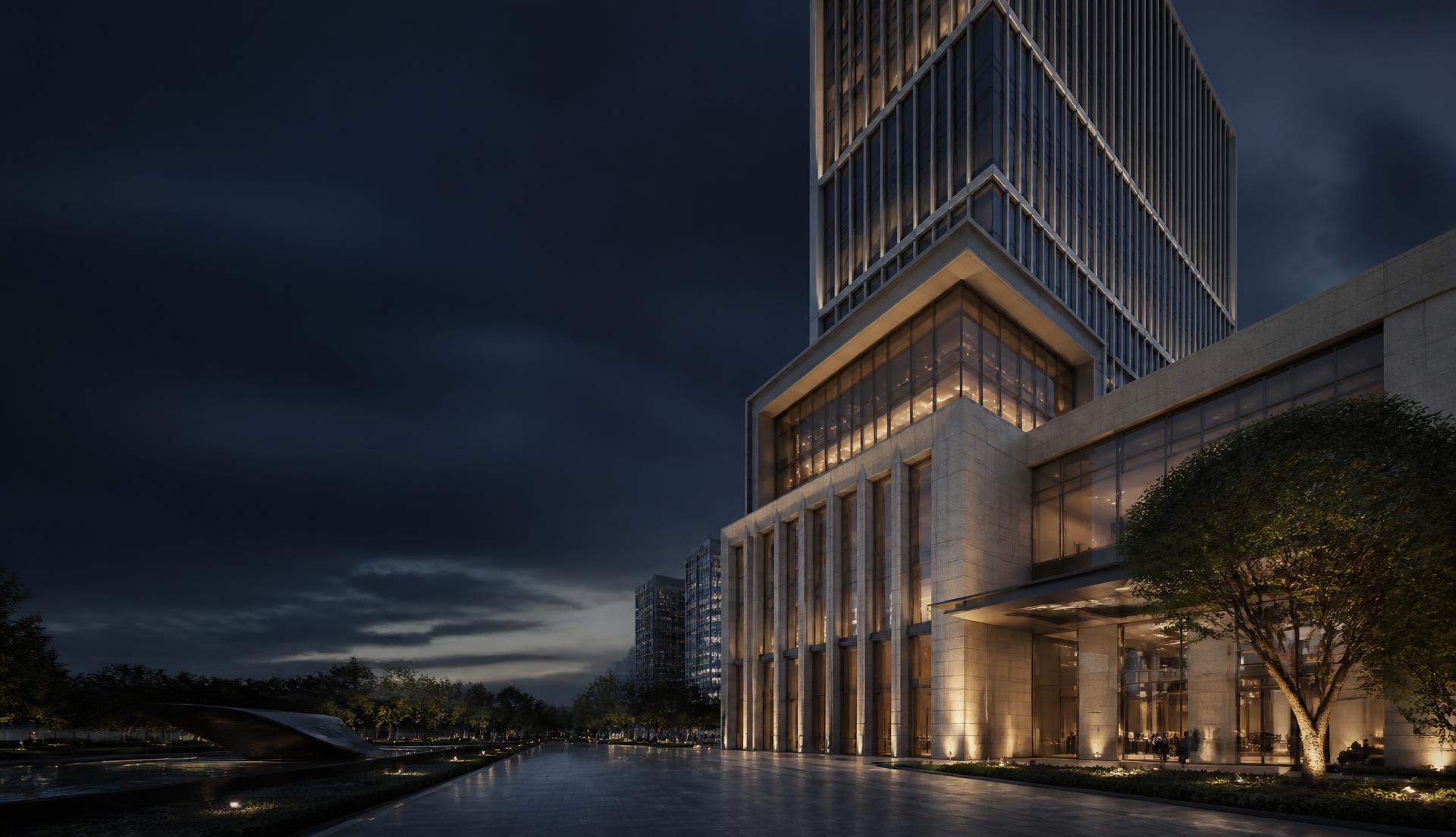 Contemporary mixed-use tower at dusk